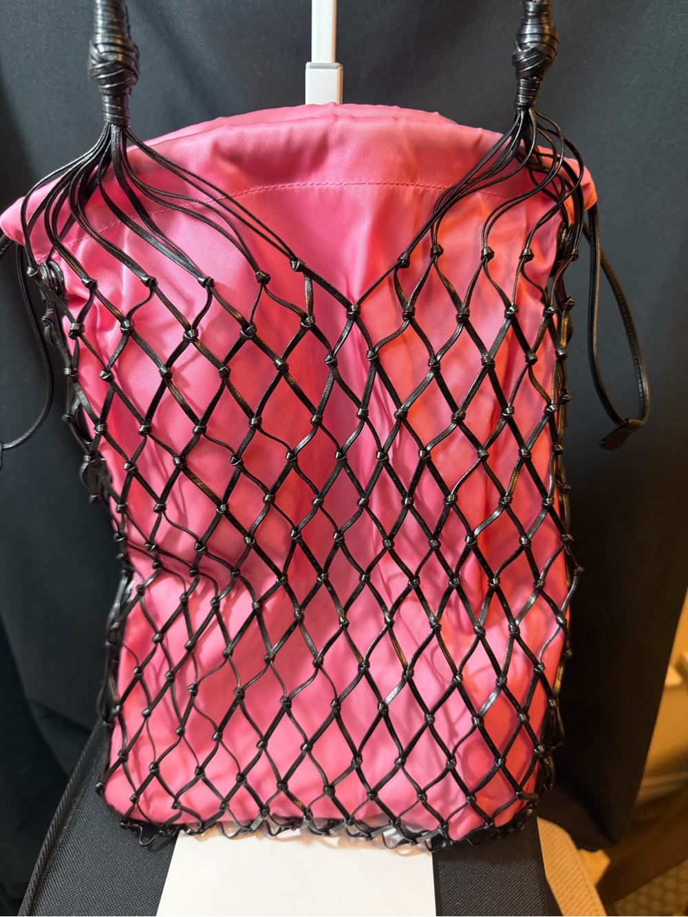 This is a Prada Tessuto Nylon Net Tote in pink and black. Brand New Never Used. - Picture 2 of 4